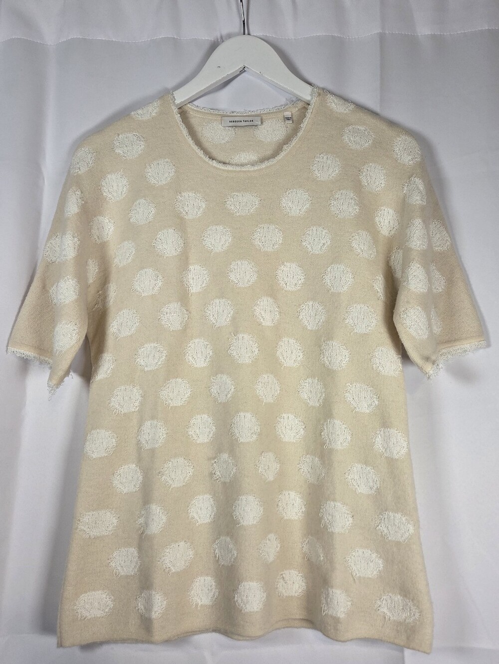 Rebecca Taylor Wool Blend Ivory Tan Short Sleeve Distressed  Sweater Women's S